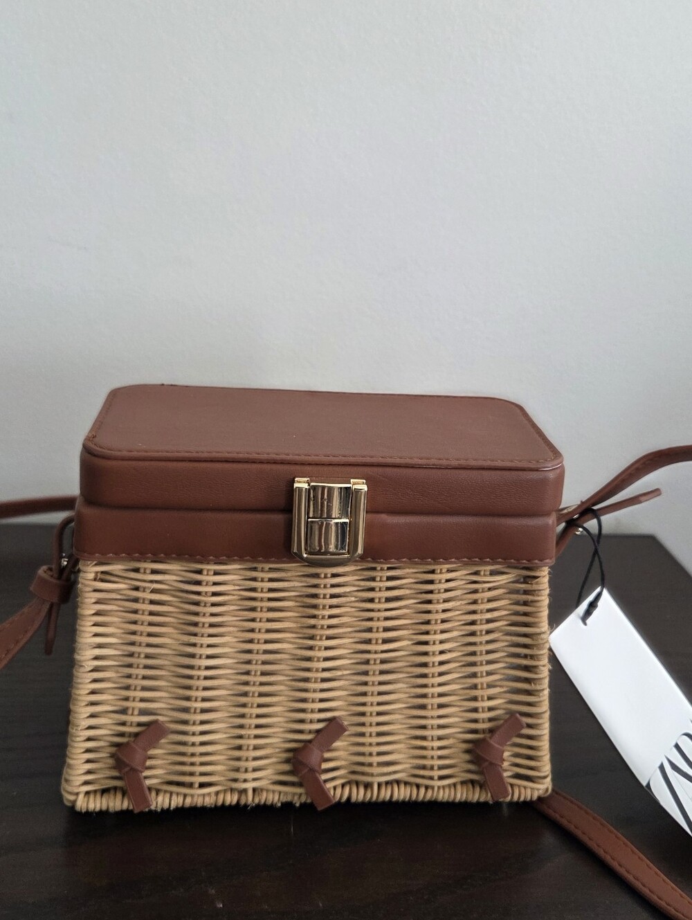 Zara Tan Leather and Natural Wicker Crossbody Box Bag